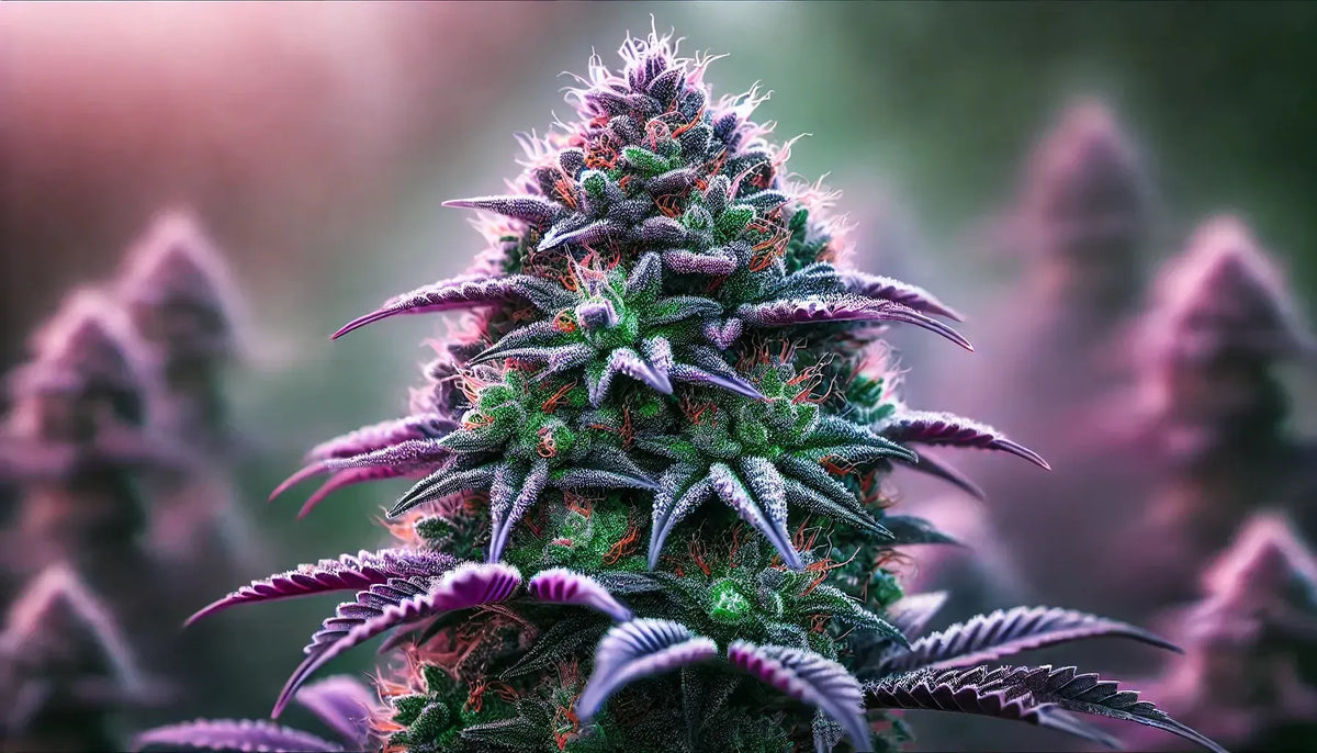 Purple Cookie Kush in tutto il suo splendore: cime vivaci viola e verdi spolverate di tricomi brinati, su uno sfondo naturale e sognante. L'introduzione perfetta a questa Strain straordinaria.