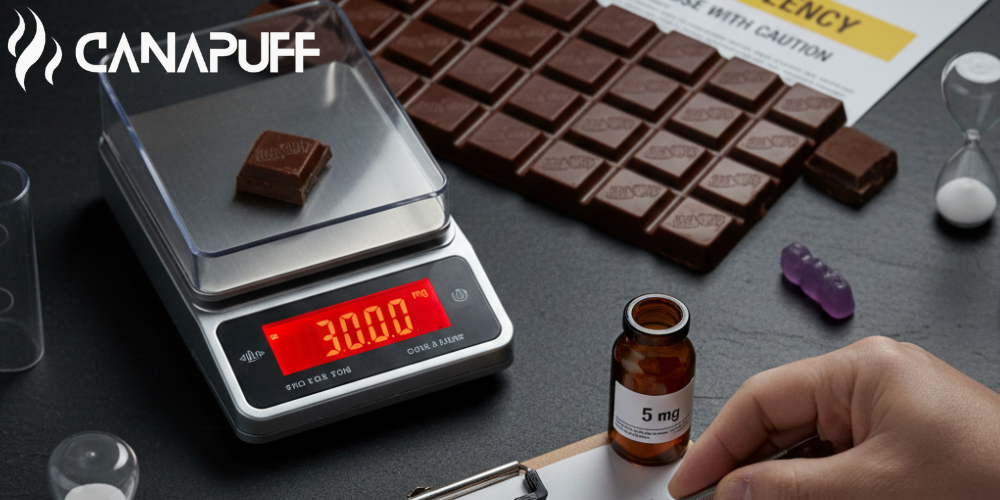 Quadretto di cioccolato Canapuff su una bilancia di precisione con fiala dosatrice e tavoletta di cioccolato