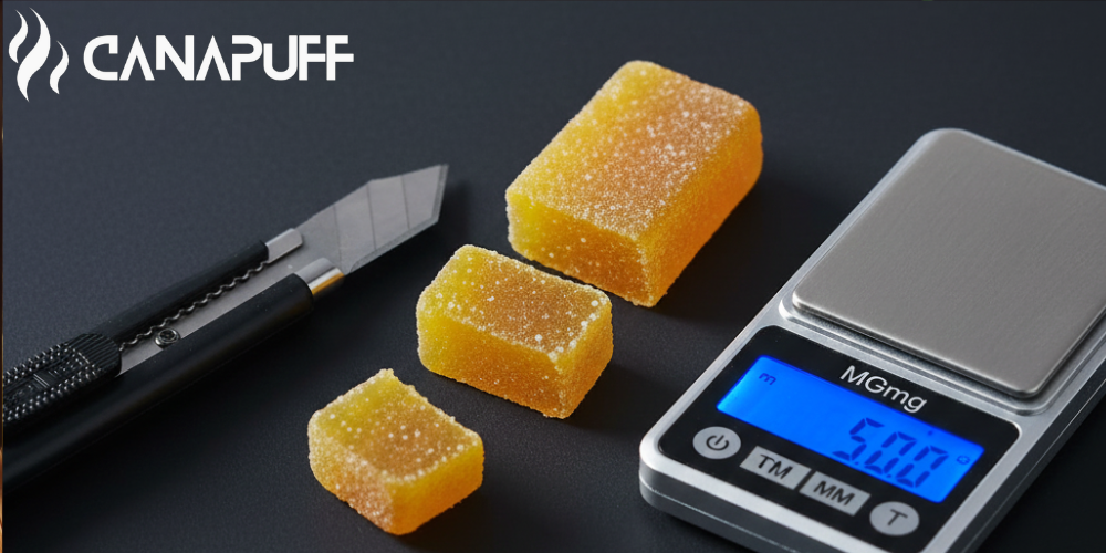 Logo Canapuff con gummies zuccherate, dab tool e bilancia digitale su superficie scura