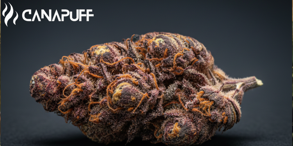 Fiore della Strain di cannabis Canapuff Red Dragon con fitta copertura di tricomi su sfondo scuro
