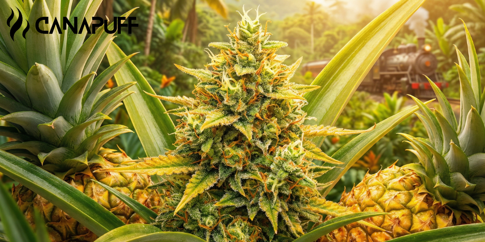 Strain di cannabis Pineapple Express in fioritura tra piante di ananas in un giardino tropicale