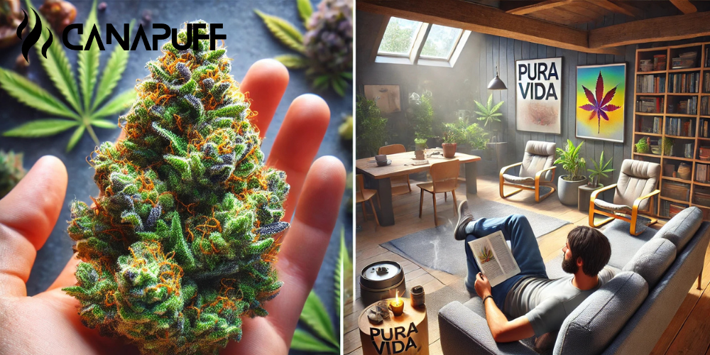 Cima della Strain Canapuff Pura Vida tenuta in mano, con foglie di cannabis sullo sfondo