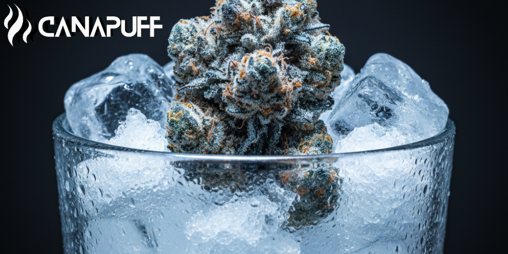 Fiore di cannabis Canapuff in un bicchiere smerigliato con cubetti di ghiaccio