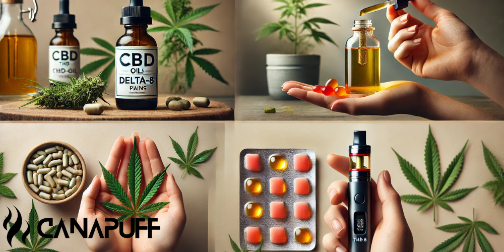 Collage con flaconi di olio CBD, gummies Delta-8, capsule di cannabis, vape pen e logo Canapuff con foglie di canapa