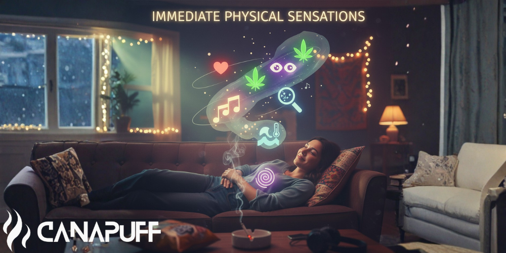 Illustrazione di una persona sul divano con icone animate che mostrano effetti e sensazioni della cannabis, tra cui un cuore e note musicali