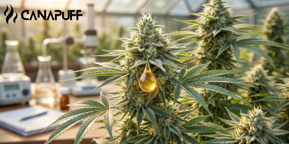 Pianta di cannabis con goccia d'olio dorata in laboratorio, con branding Canapuff