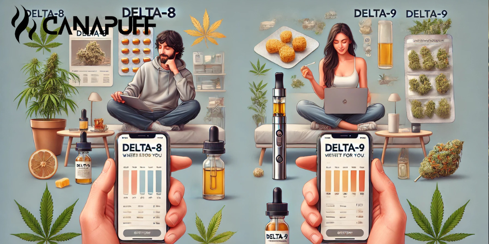Illustrazione che confronta prodotti ai cannabinoidi Delta-8 e Delta-9 con scene lifestyle, gummies, fiori e opzioni vape