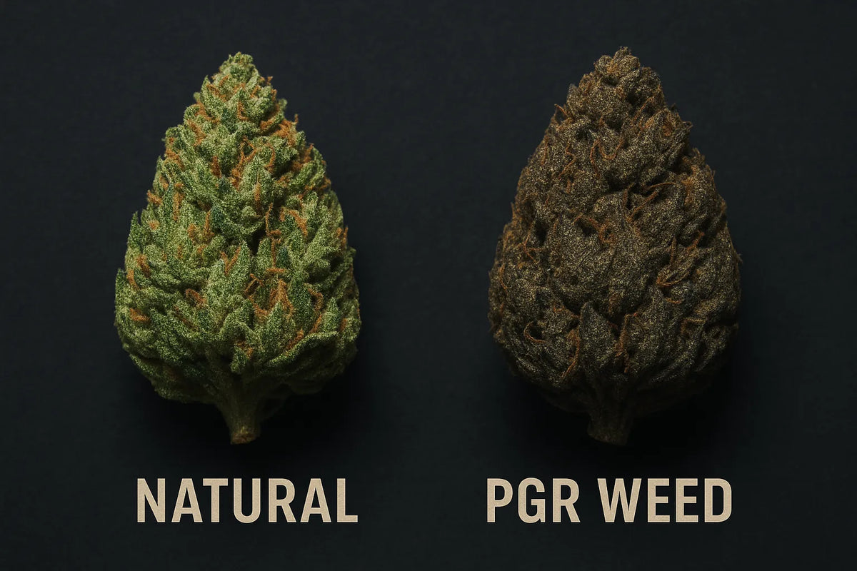 Confronto tra una cima di Cannabis naturale e una cima di Cannabis coltivata con PGR affiancate