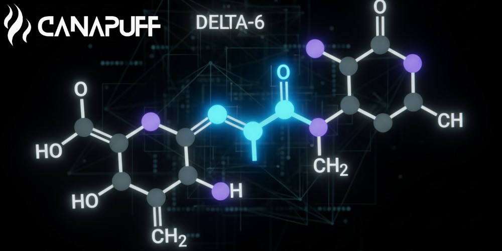 Logo Canapuff con illustrazione della struttura molecolare del Delta-6 su sfondo tecnologico