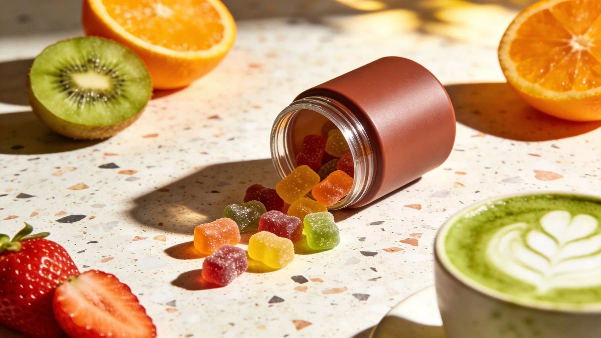 Gummies CBD colorate che fuoriescono da un barattolo su una superficie in terrazzo, circondate da frutta fresca e matcha latte