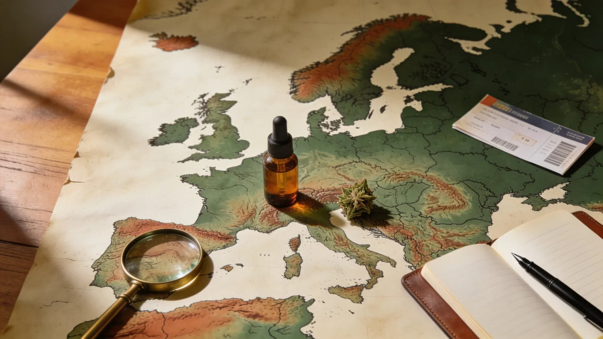 Flacone contagocce ambrato e fiore di cannabis su una mappa dell'Europa con lente d'ingrandimento e taccuino