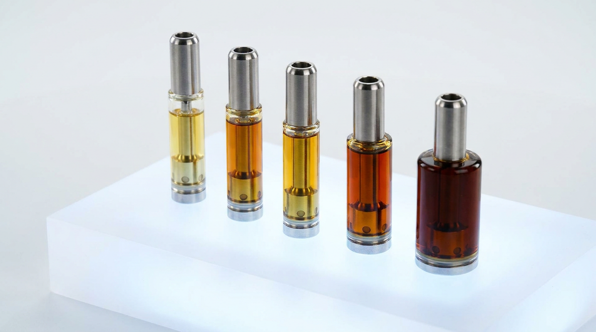 Cartucce vape THCv, CBD e CBG9 con olio ambrato su superficie bianca smerigliata
