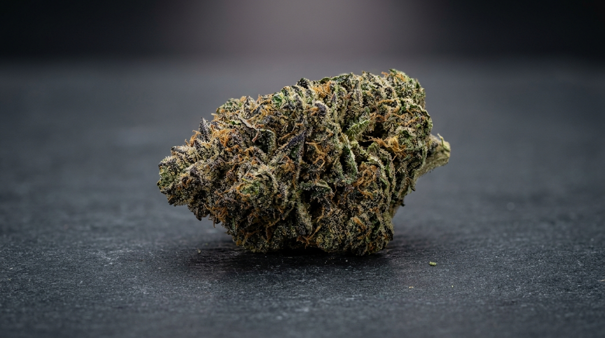 Cima di cannabis Gorilla Zkittlez brinata con tonalità verde intenso e viola su superficie scura