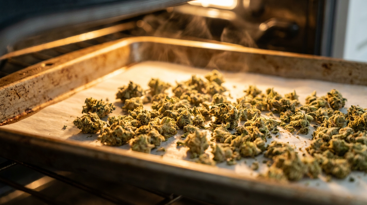 Cannabis spezzettata su una teglia rivestita di carta forno in un forno caldo