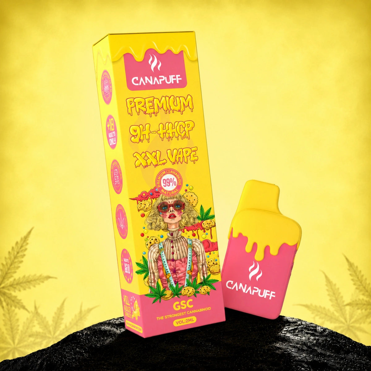 Canapuff 9H-HHCP XXL Vape GSC 99%, pen usa e getta da 2ml con confezione gialla e rosa