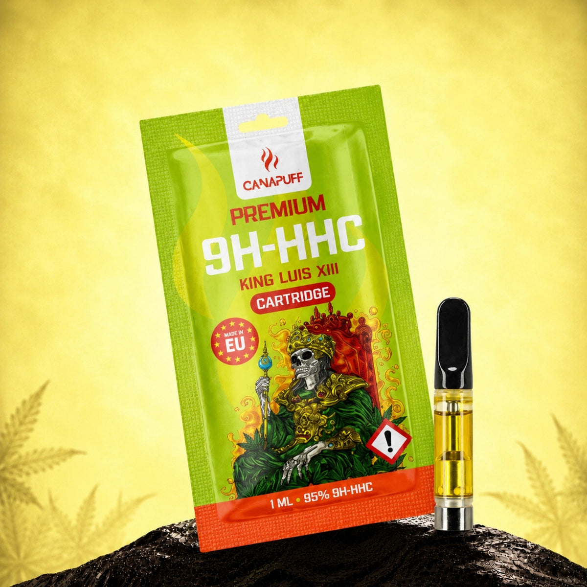 Cartuccia Canapuff 9H-HHC King Luis XIII, 1 ml, 95%, con confezione su sfondo giallo