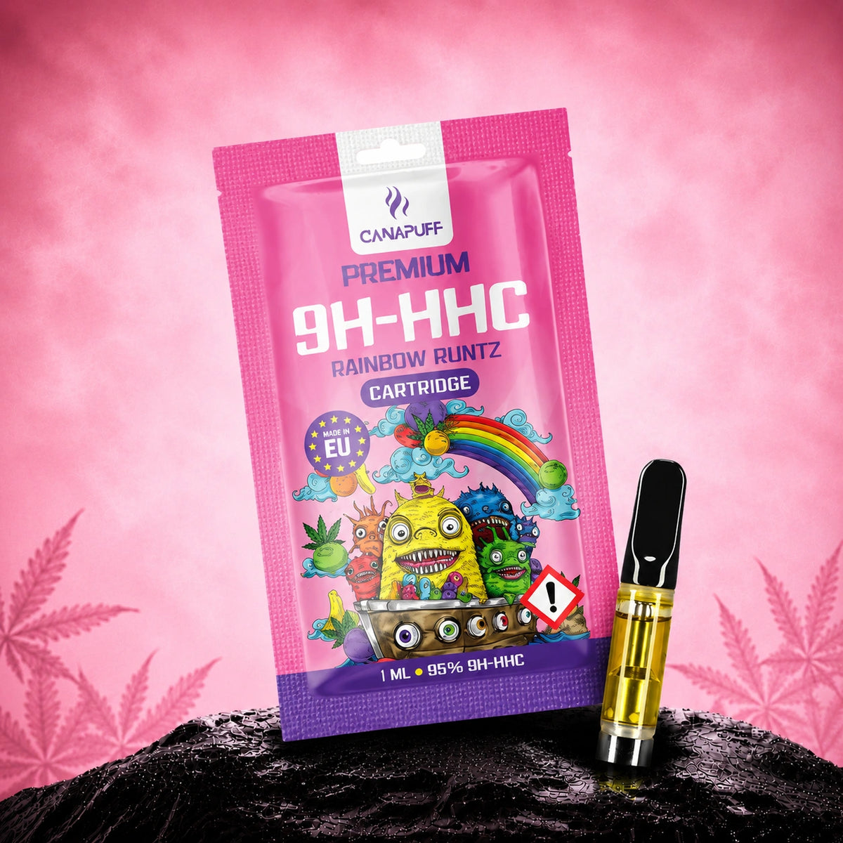 Cartuccia Canapuff 9H-HHC Rainbow Runtz 95%, 1 ml con confezione rosa e punta nera