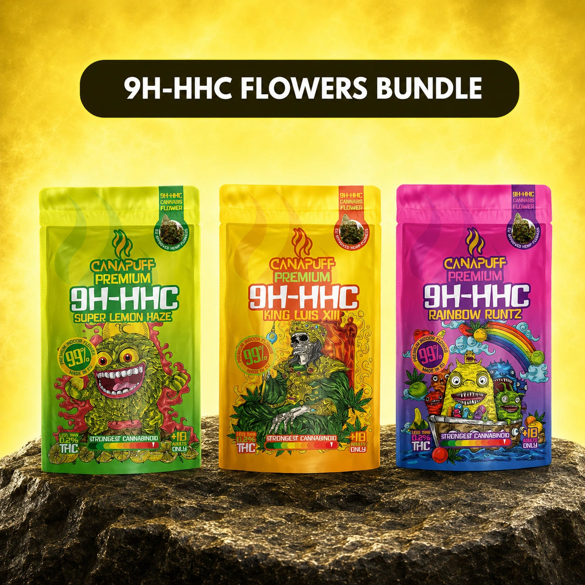 Canapuff 9H-HHC Flowers Bundle con bustine Super Lemon Haze, King Luis XIII e Rainbow Runtz