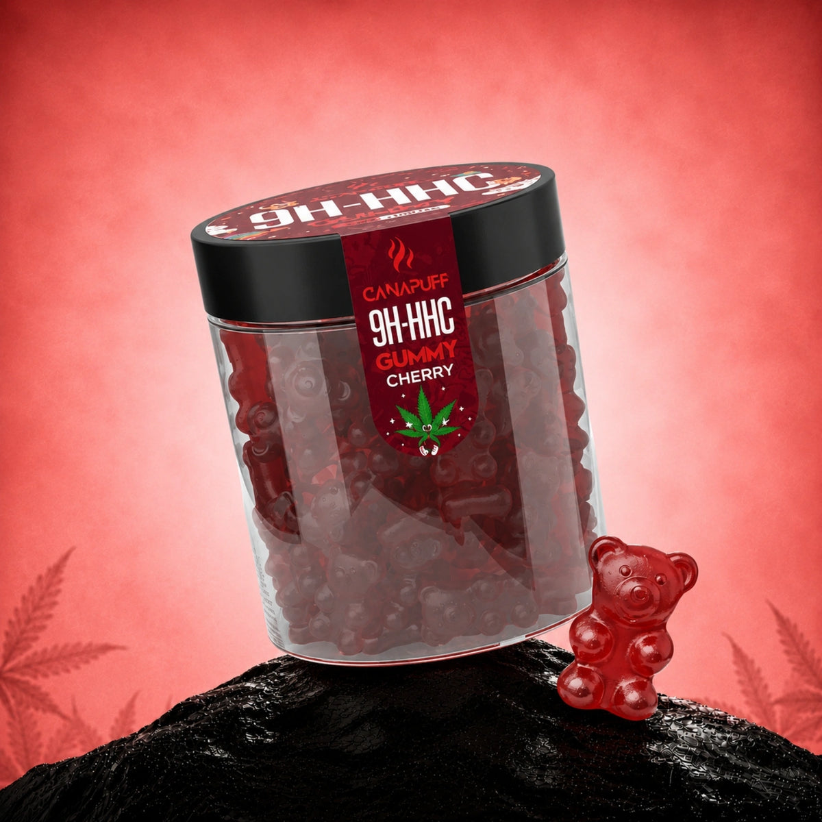 Canapuff 9H-HHC Gummy Cherry in barattolo trasparente con coperchio nero su sfondo corallo