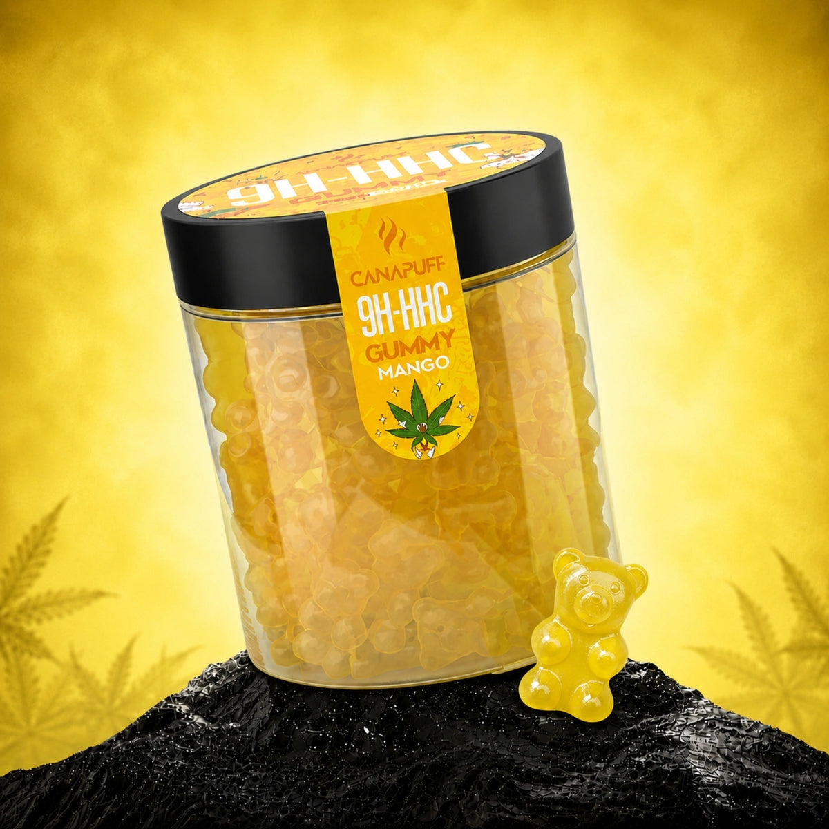 Canapuff 9H-HHC Gummies Mango in barattolo trasparente con coperchio nero su sfondo giallo