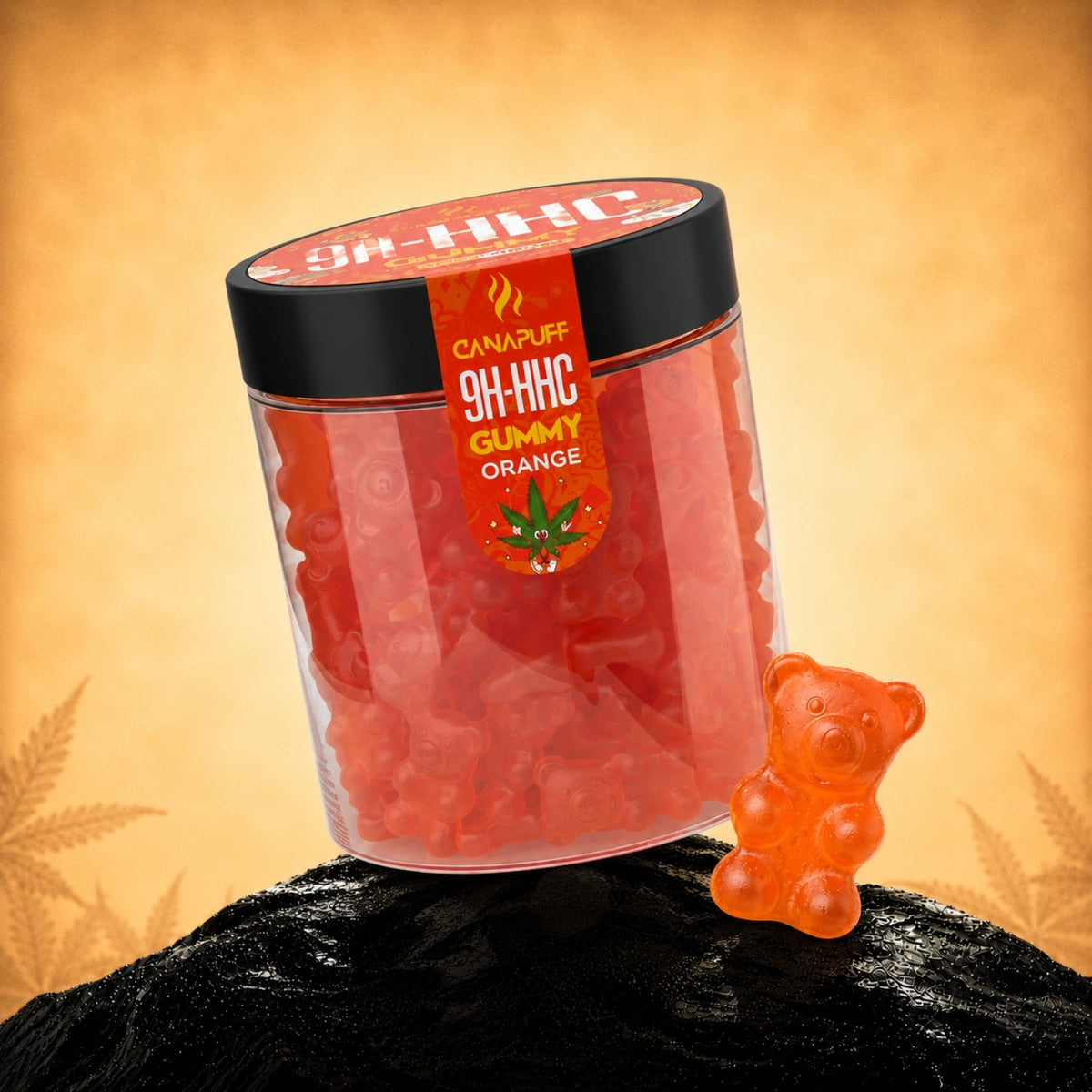Canapuff 9H-HHC Gummies Orange in barattolo trasparente con coperchio nero ed etichetta rossa