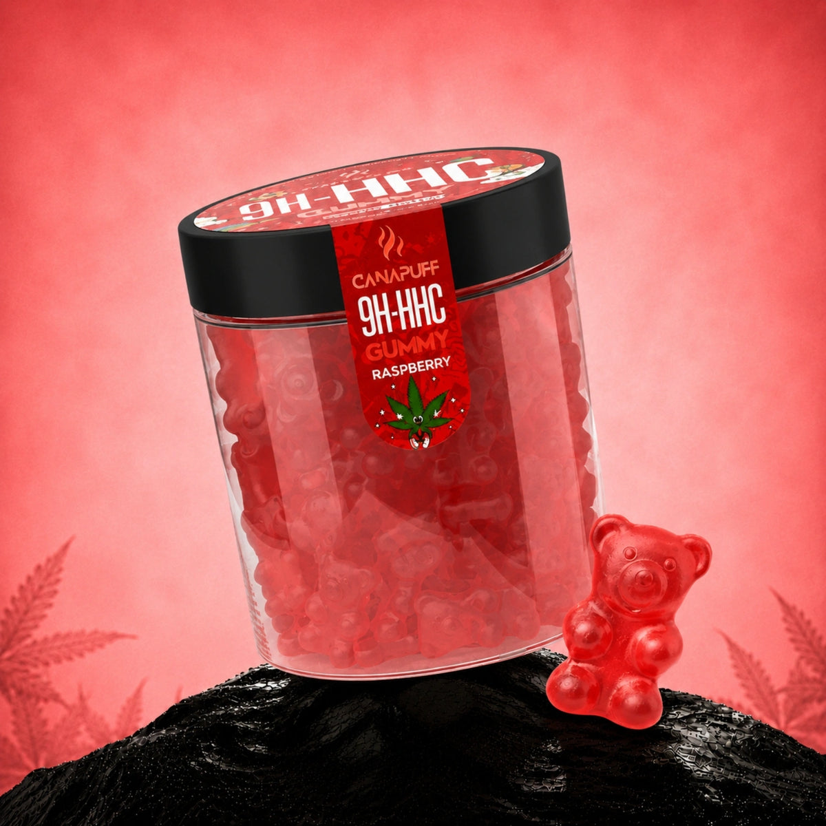 Canapuff 9H-HHC Gummies Raspberry in barattolo trasparente con coperchio nero su sfondo rosa