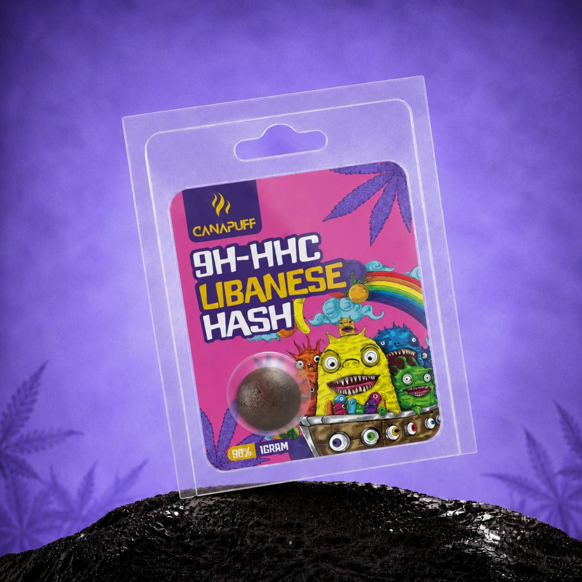 Canapuff 9H-HHC Lebanese Hash 99%, blister da 1 grammo su sfondo viola