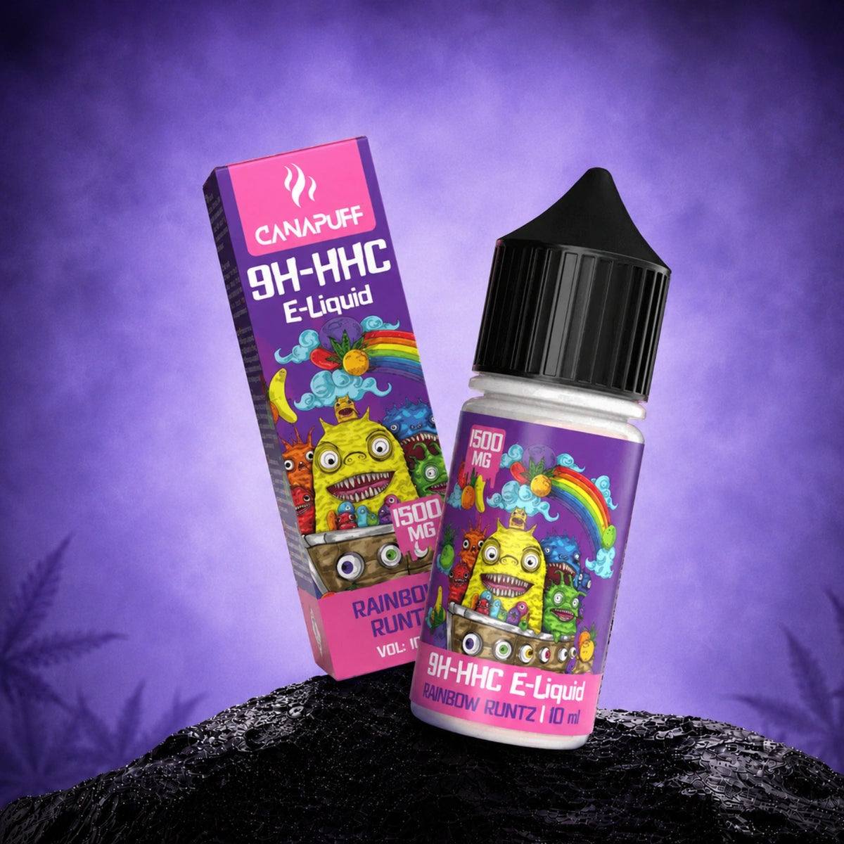 Canapuff 9H-HHC E-Liquid Rainbow Runtz 1500mg in flacone da 10ml con scatola su sfondo viola