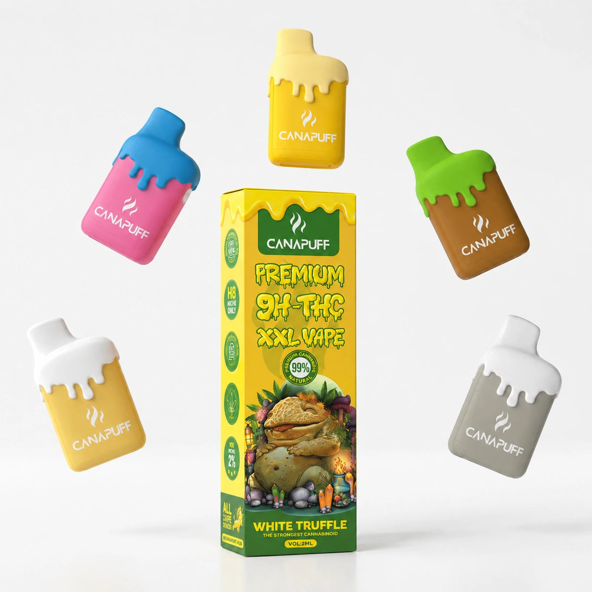 Canapuff 9H-HHC XXL Vape White Truffle 99% 2ml con pen usa e getta colorate