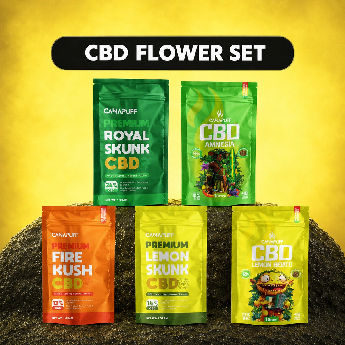 Canapuff CBD Flower Set con cinque bustine: Royal Skunk, Fire Kush, Lemon Skunk, Amnesia e Lemon Gelato