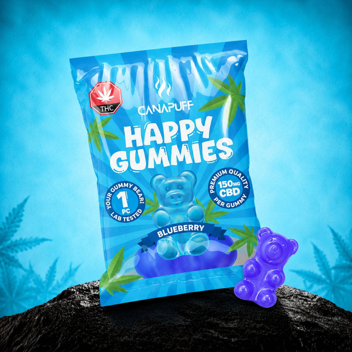 Canapuff CBD Gummies Blueberry, 150mg di CBD per gummy, bustina di orsetti gommosi aspri