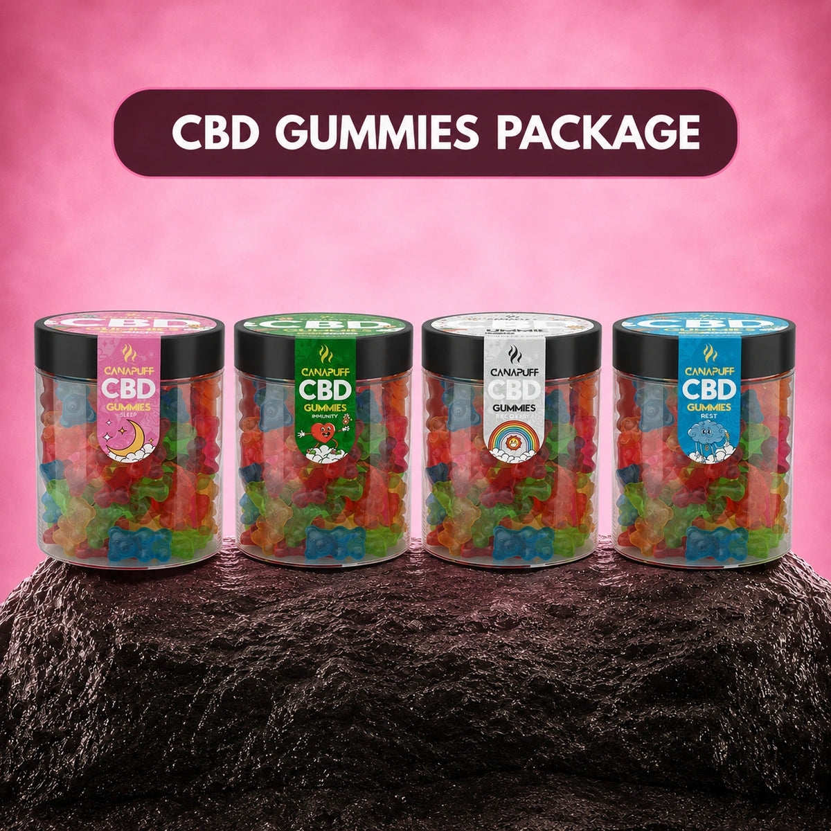 Set di gummies CBD Canapuff, quattro barattoli con gusti assortiti