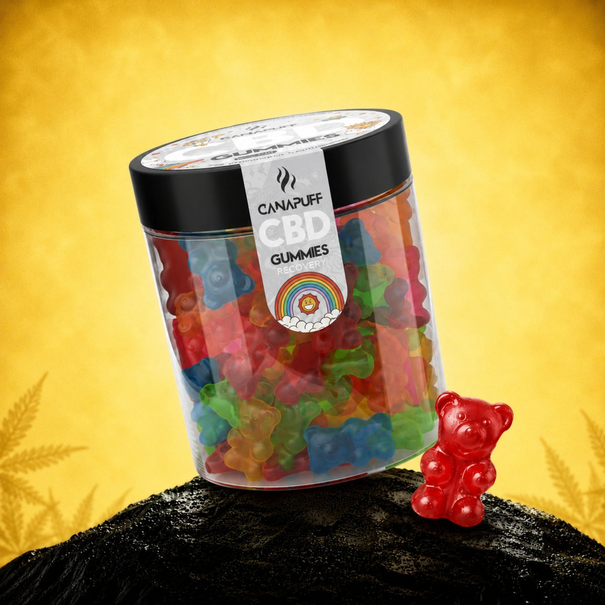 Canapuff CBD Gummies Recovery, gummies colorate a forma di orsetto in barattolo trasparente con coperchio nero