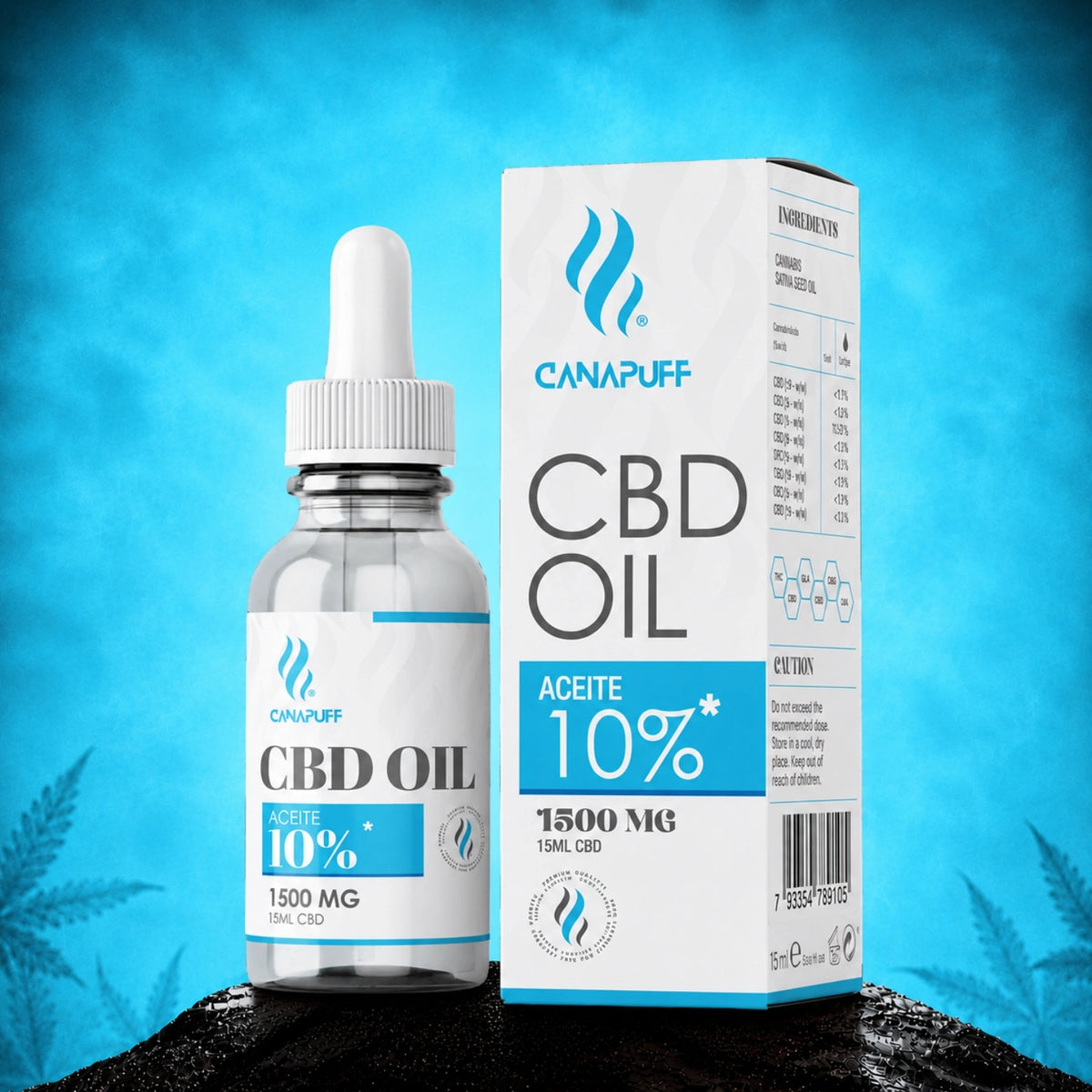 Canapuff CBD Oil 10% 1500 mg, flacone contagocce da 15 ml con scatola