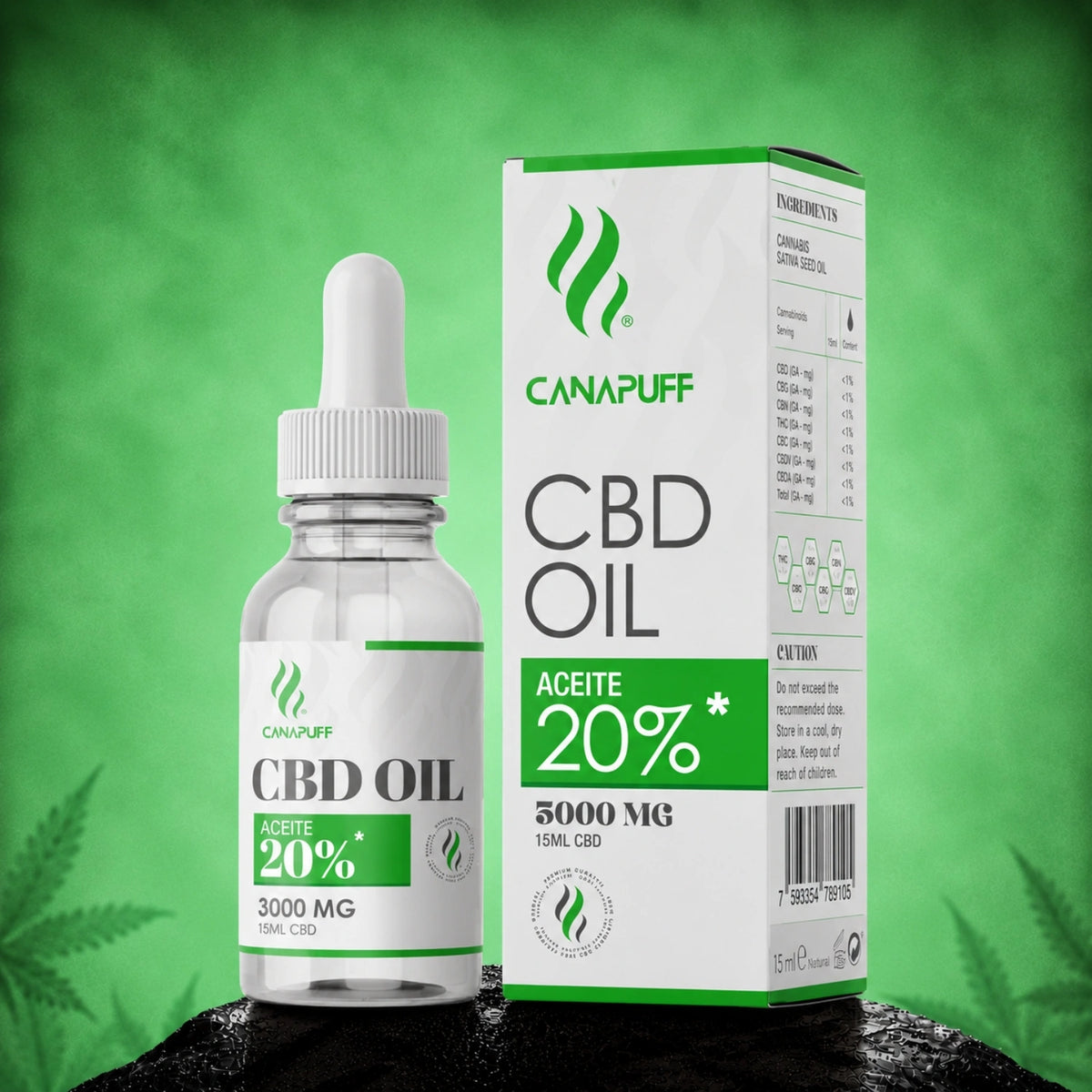 Canapuff CBD Oil 20%, 3000 mg, flacone contagocce da 15 ml con confezione