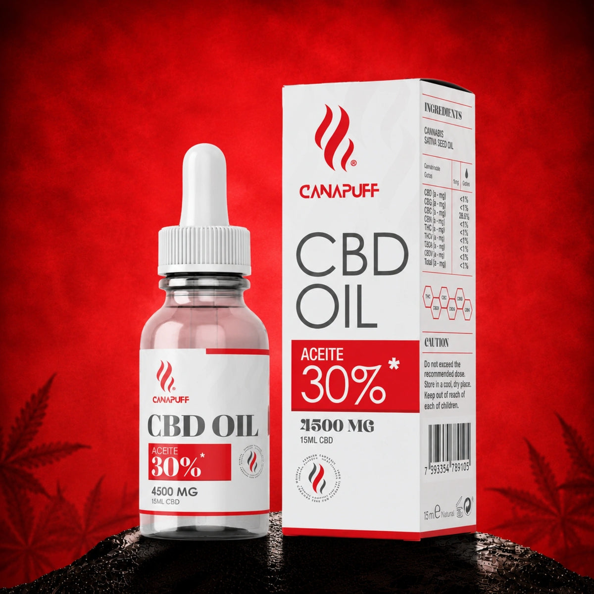 Canapuff CBD Oil 30%, 4500 mg, flacone da 15 ml con contagocce e scatola