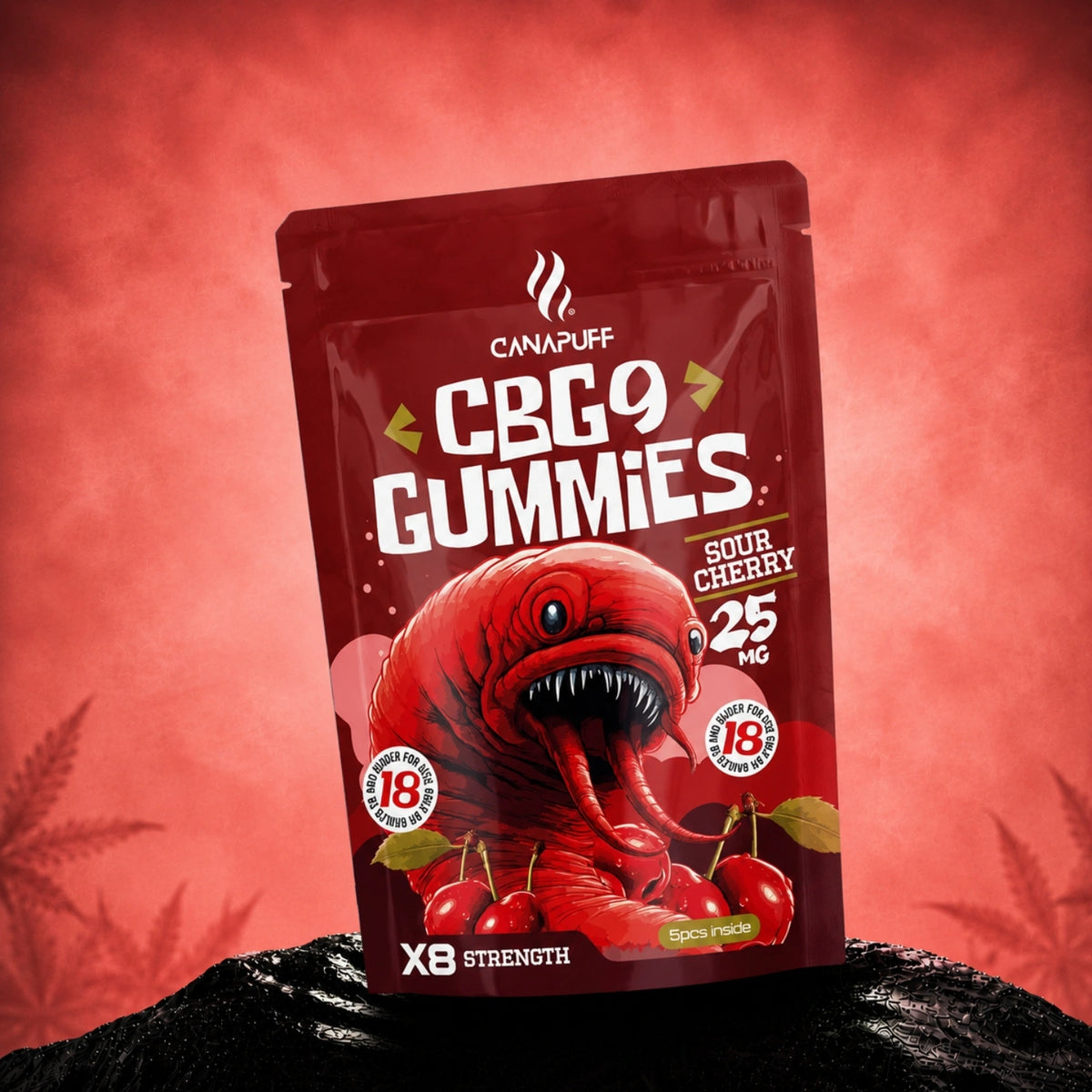 Canapuff CBG9 Gummies Sour Cherry 25 mg, 5 pezzi per bustina, concentrazione X8