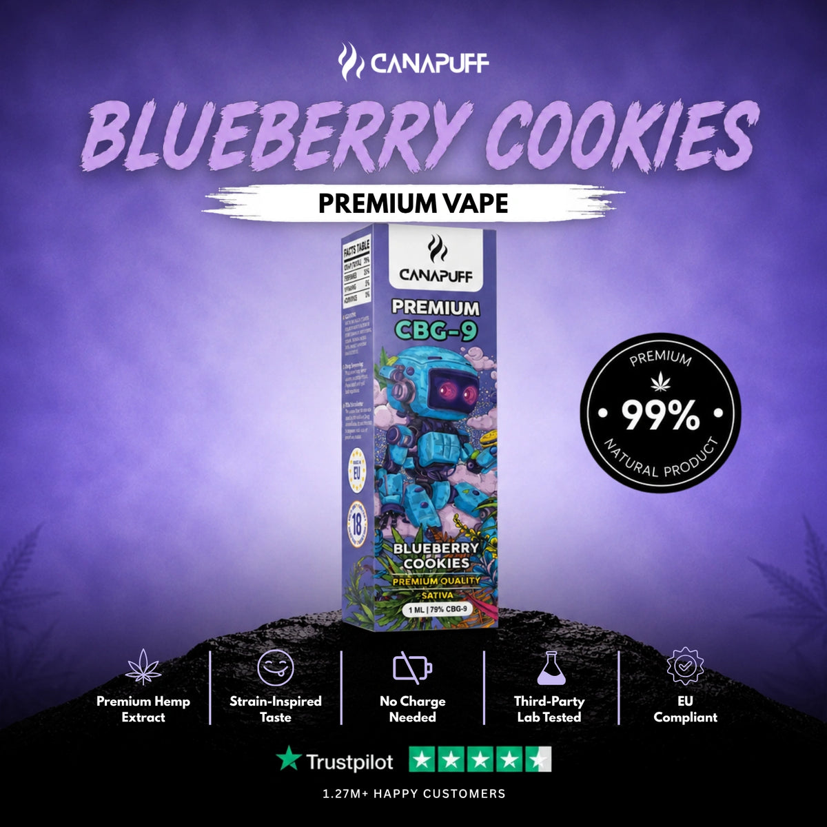 CBG9 Vape Blueberry Cookie 79% 1ml – vape pen usa e getta, foto 2