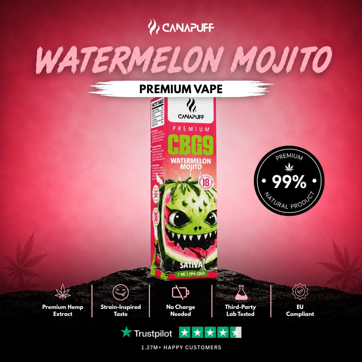 CBG9 Vape Watermelon Mojito 79% 1ml – vape pen usa e getta, foto 2
