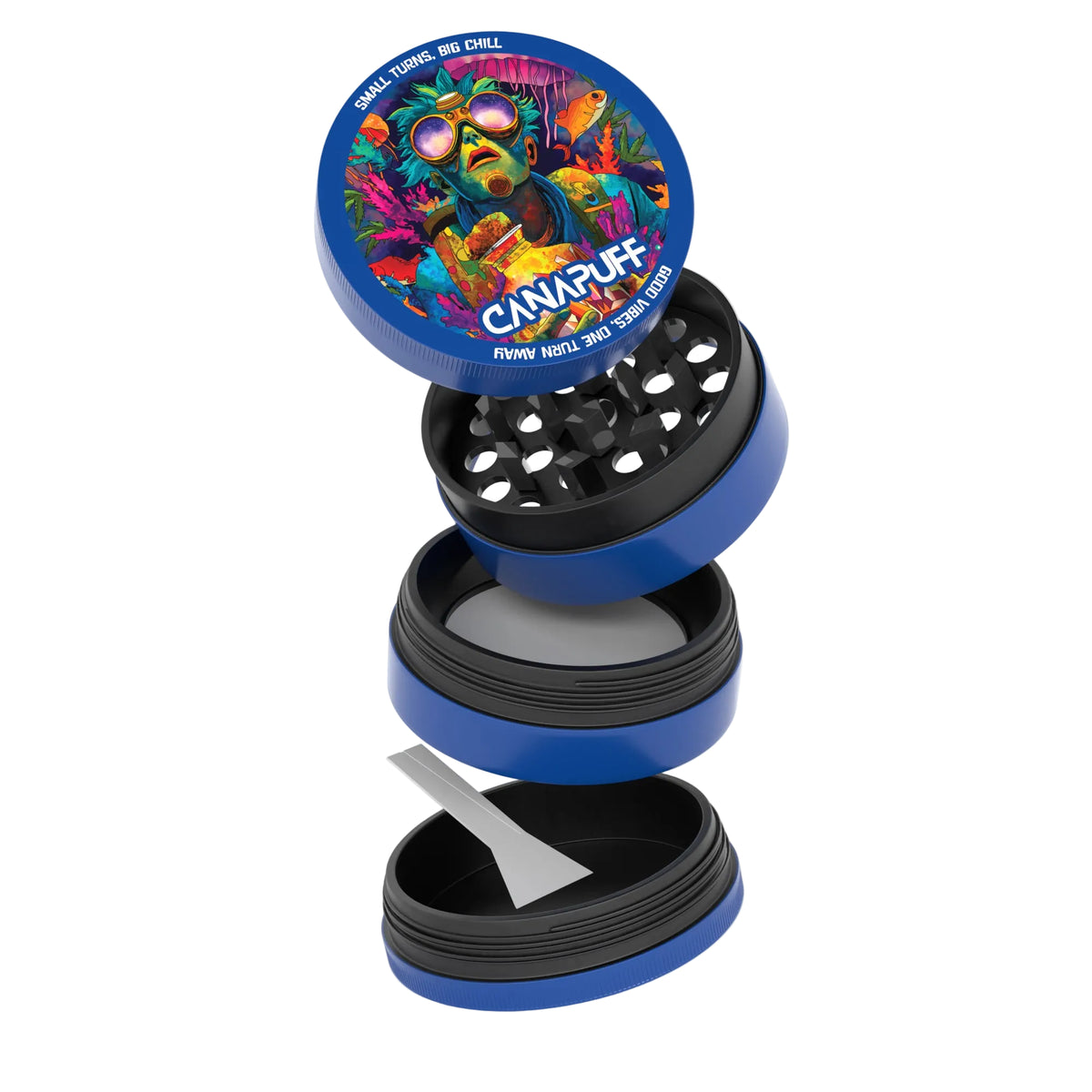 Canapuff Metal Grinder Deep, design a quattro pezzi blu e nero con camera di raccolta