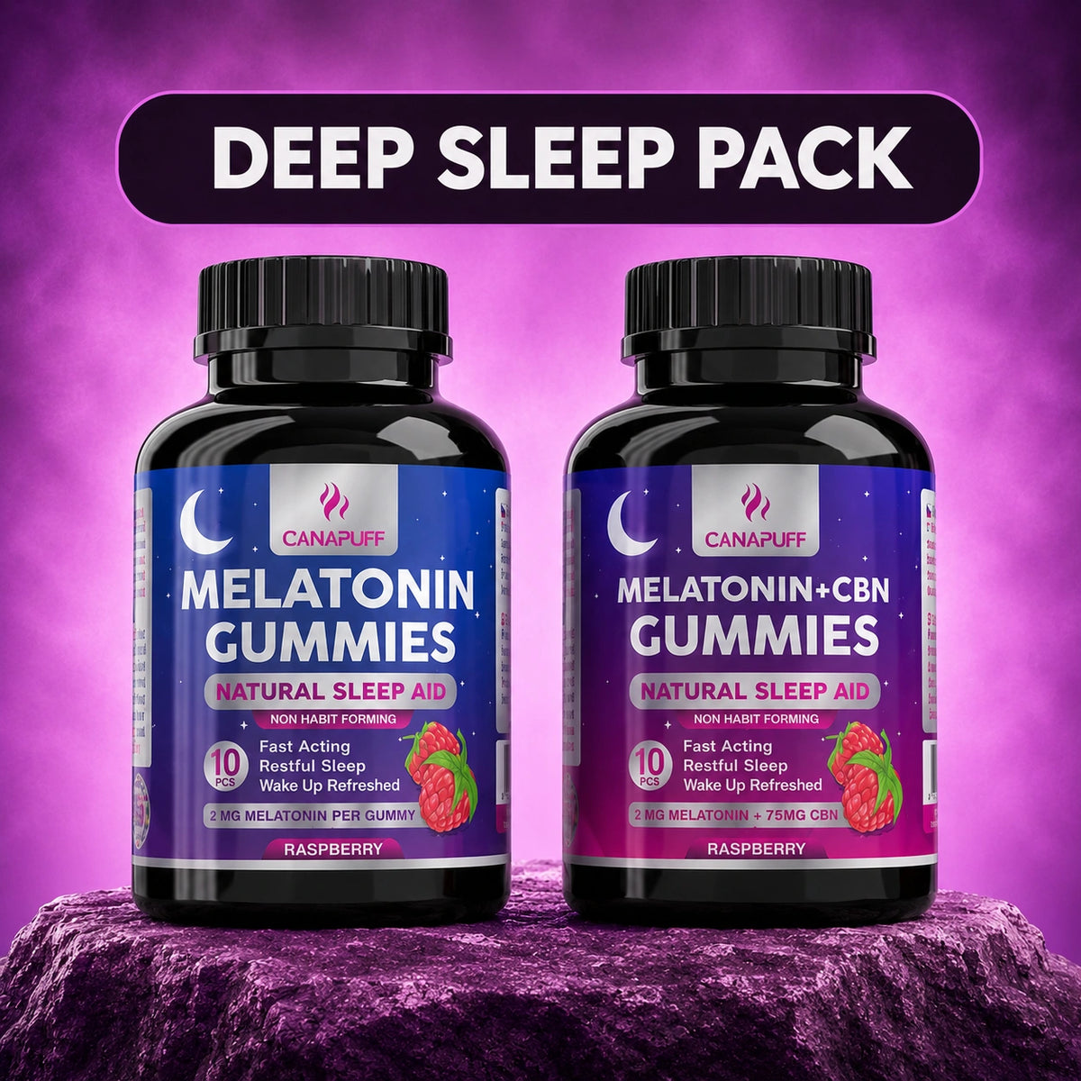 Canapuff Deep Sleep Pack con gummies Melatonin e Melatonin+CBN, gusto lampone, 10 pezzi ciascuna