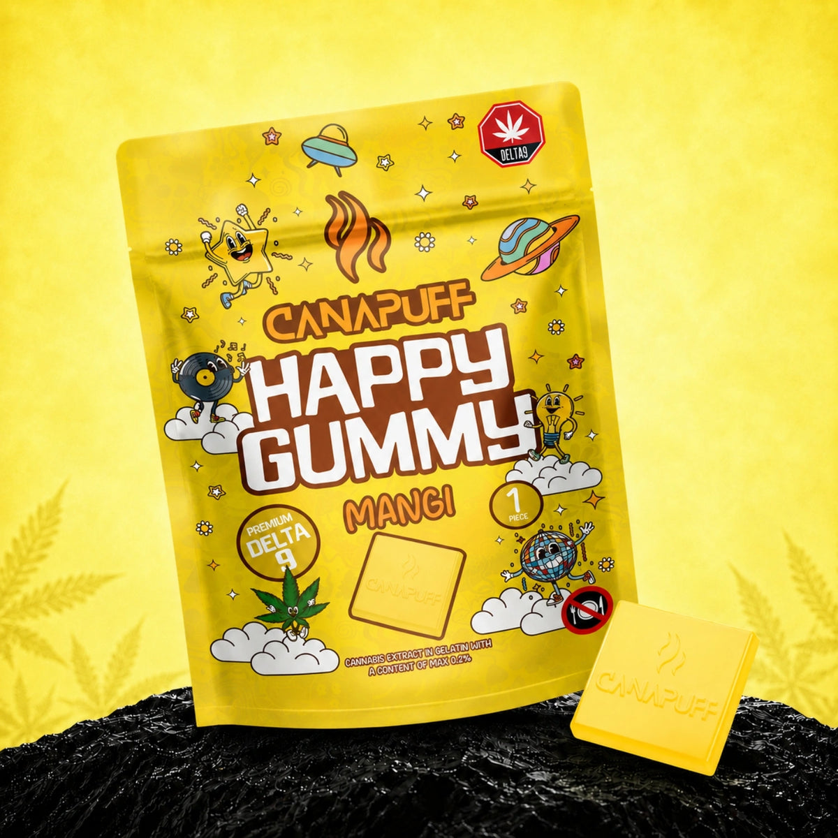 Bustina di gummies Canapuff Happy Gummy Mangi Delta-9 da canapa