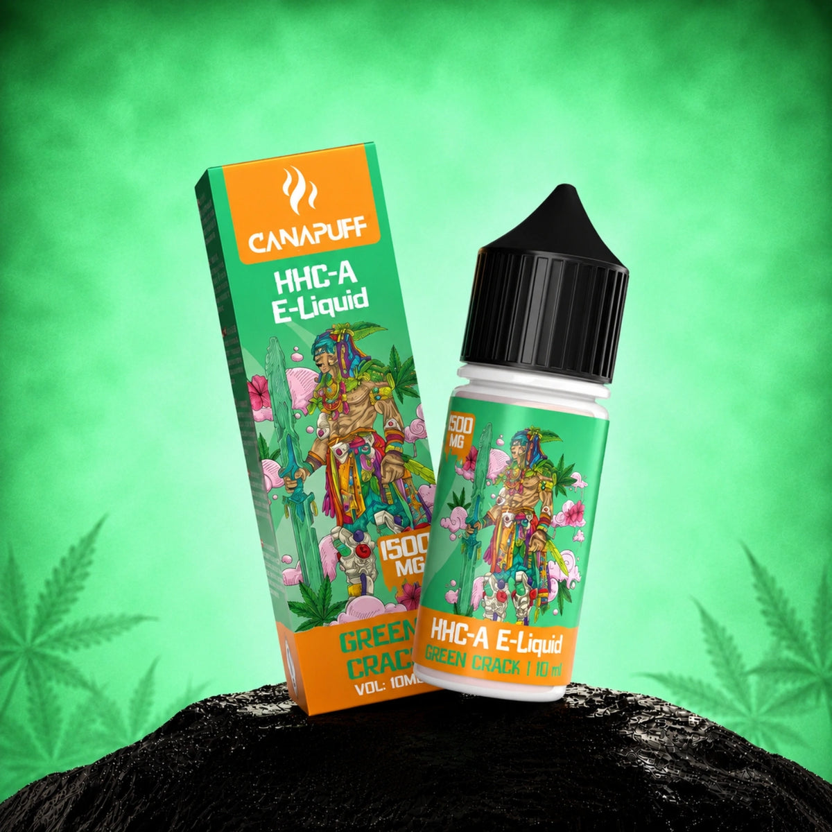 Canapuff HHC-A E-Liquid Green Crack 1500mg, flacone e scatola su sfondo verde