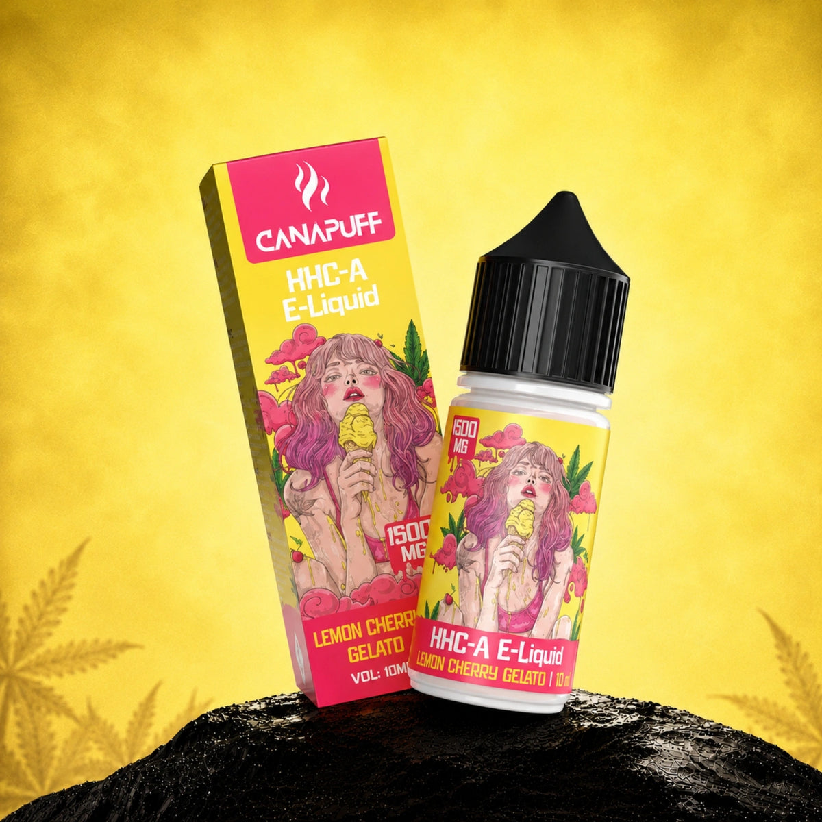 Canapuff HHC-A E-Liquid Lemon Cherry Gelato 1500mg, flacone da 10ml con scatola