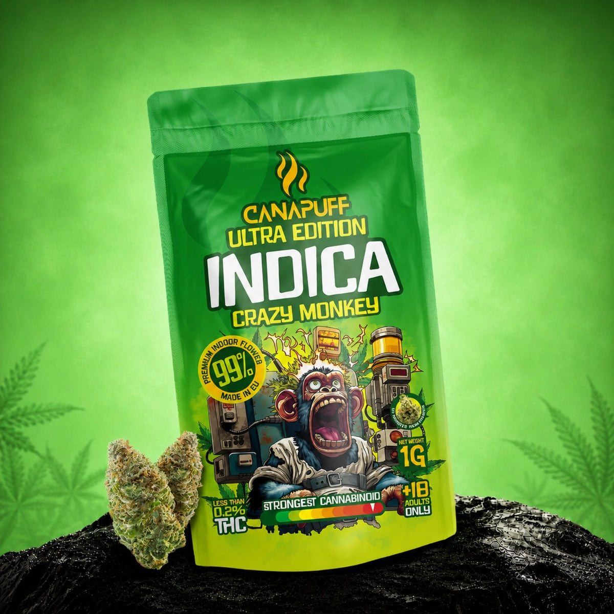 Fiori Canapuff Indica Crazy Monkey Ultra Edition, bustina da 1g, concentrazione di cannabinoidi 99%