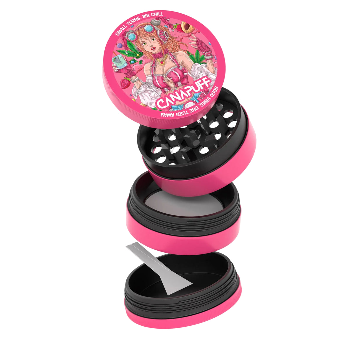 Grinder di metallo Canapuff Lychee Dream, design in 4 parti rosa e nero con raccoglitore di kief