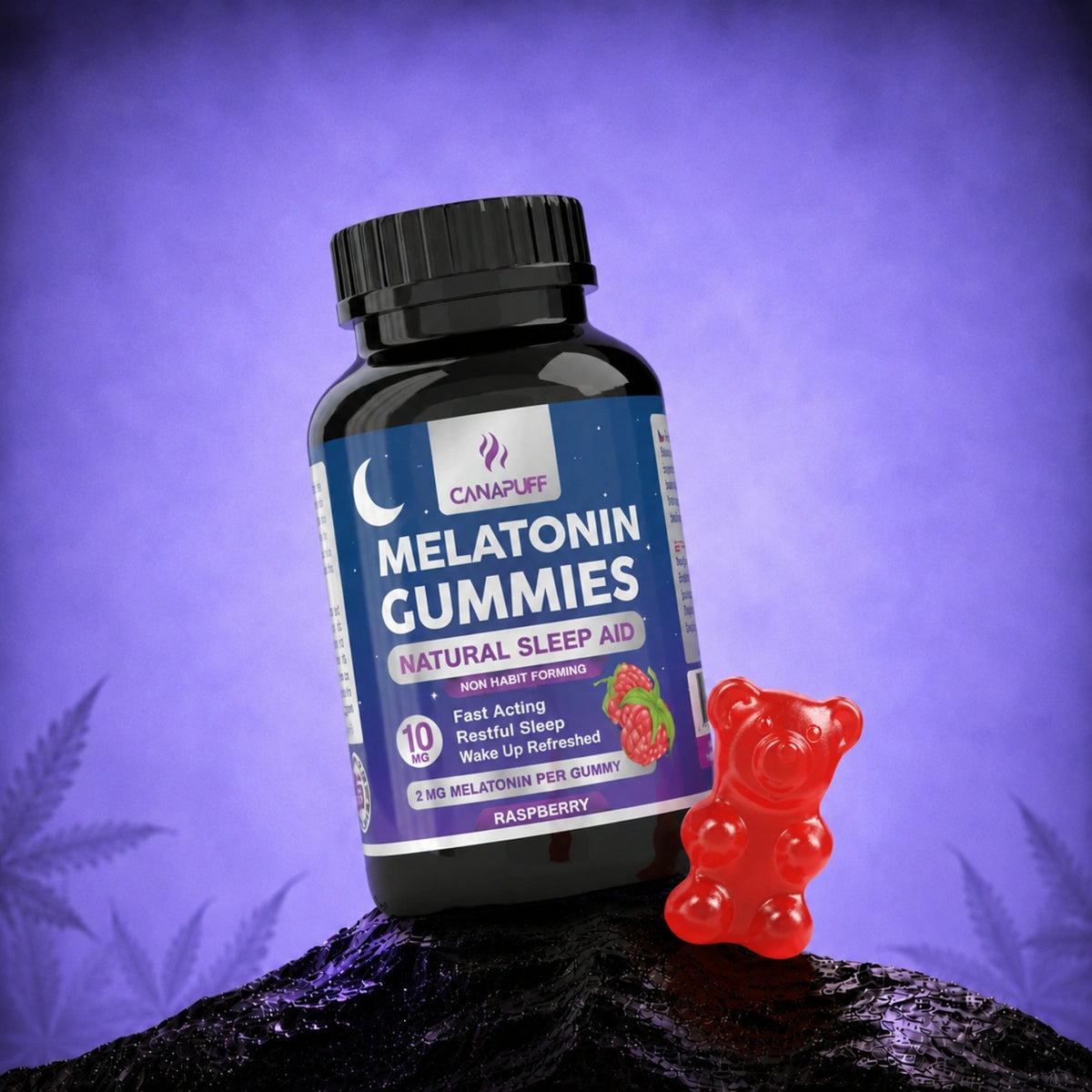 Canapuff Melatonin Gummies Raspberry, flacone da 10 mg con gummy in mostra