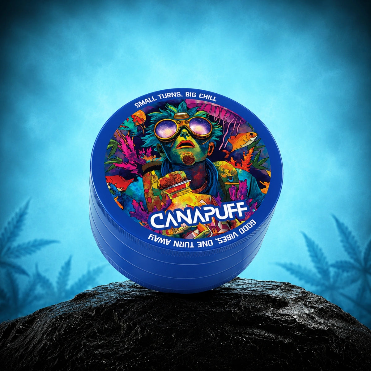 Canapuff Metal Grinder Deep, grinder blu con grafica colorata