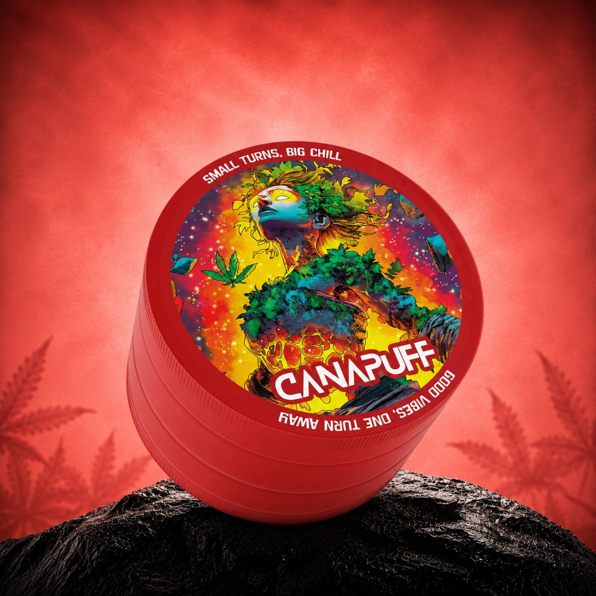 Canapuff Metal Grinder Euforic, grinder rosso con grafica colorata