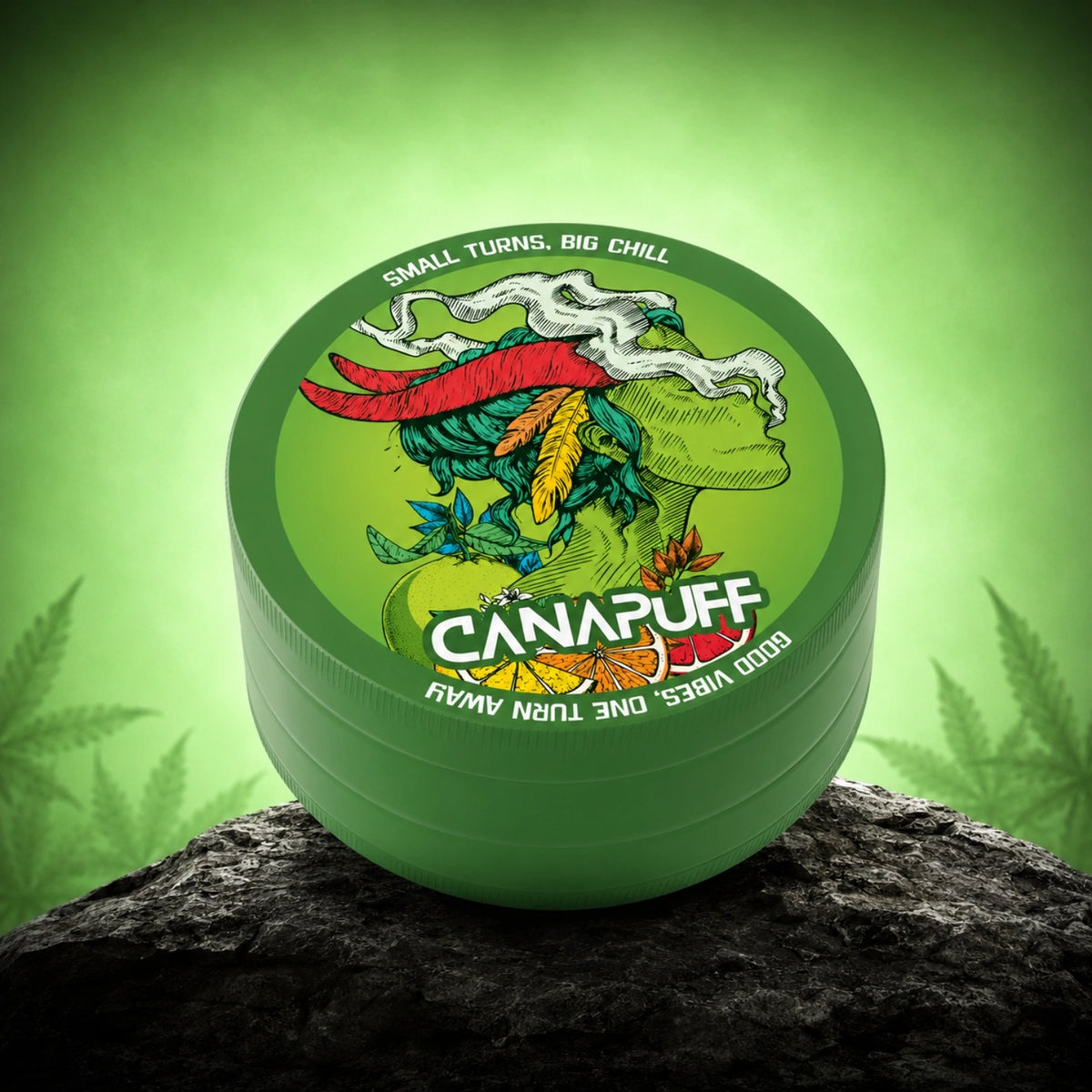 Canapuff Metal Grinder Green Crack, grinder con grafica mascotte colorata